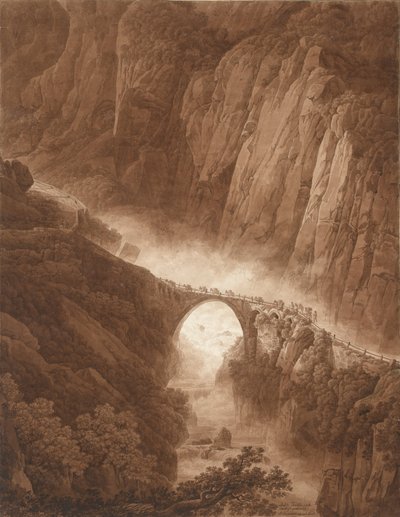 Teufelsbrücke in der Schöllenenschlucht auf dem Weg über den Gotthardpass mit einem Maultierzug, vor 1805 von Peter Birmann
